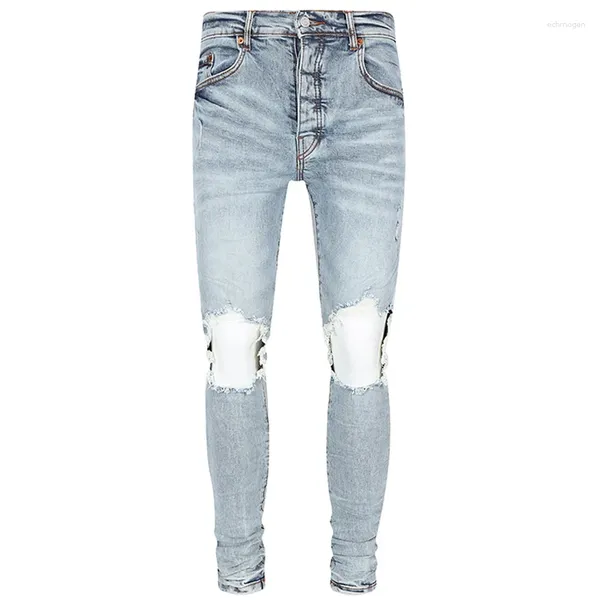 Jeans da uomo vintage lavato fare vecchio viola marchio quotidiano casual toppa al ginocchio pantaloni in denim slim uomo donna moda pantaloni da strada