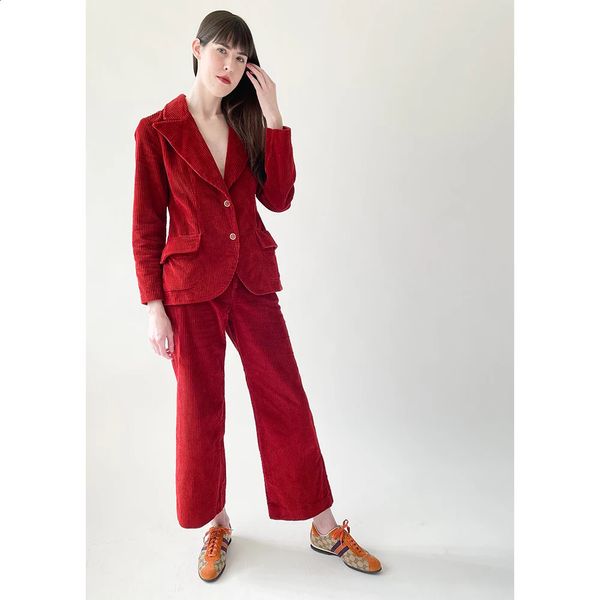 Damenanzüge, Blazer, Cord-Winteranzug, 2-teilig, rote Hosen, Damen-Sets, eleganter Stil, einreihiger Revers-Blazer, Damenbekleidung 231214