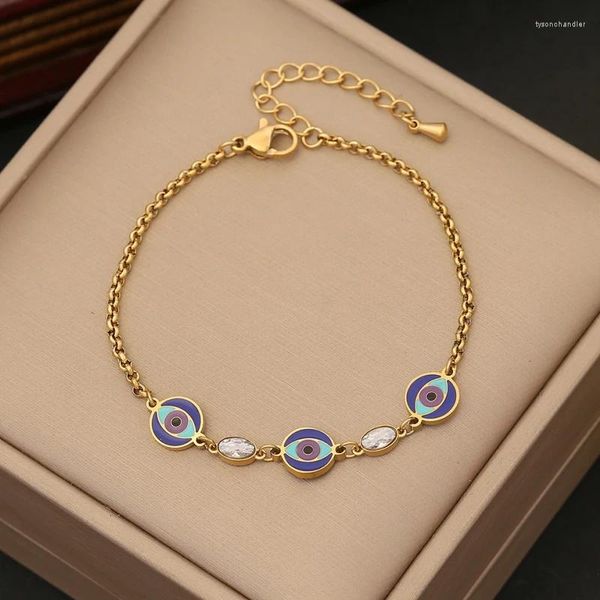 Braccialetti a maglie Bracciale in acciaio inossidabile 316L con occhi azzurri con zircone per donna Catena di moda Regali di gioielli color oro che non sbiadiscono