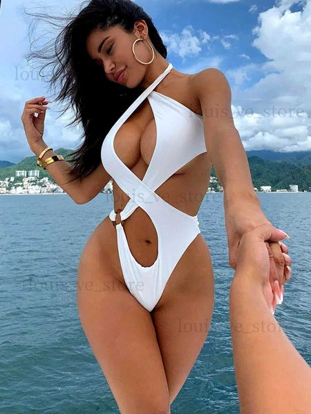 Mulheres Swimwear 2023 Sexy High Cut Out Halter Feminino Swimwear One Piece Swimsuit Mulheres Cross Bandage Monokini Banheira Terno Nadar Beachwear T231215