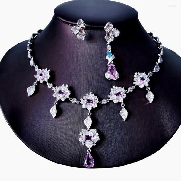 Halskette Ohrringe Set 2023 Mode Retro Luxus Rosa Blumen Zirkon Braut Hochzeit Kleid Bankett Ohrring Schmuck