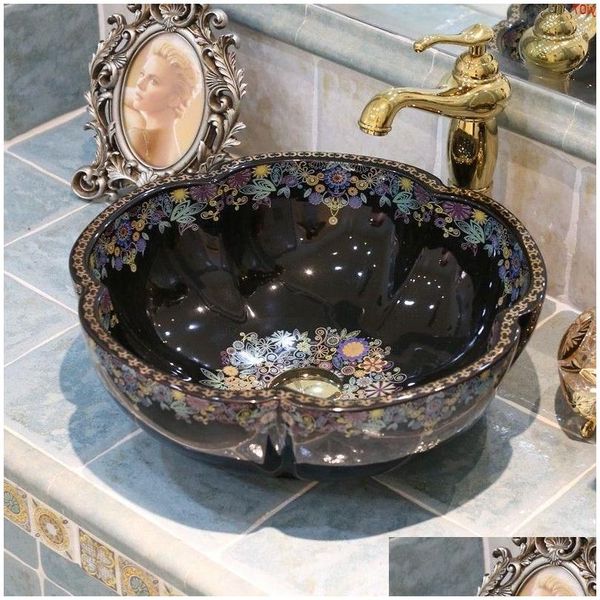 Lavabo musluk setleri porselen el yapımı Çin banyo seramik sanatı el yıkama havzası lavabolar siyah renk açma