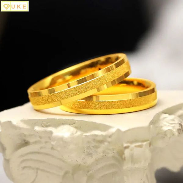 Anéis de casamento Cópia pura real 18k ouro amarelo 999 24k simples elegante anel fosco simples para amantes masculinos e femininos nunca desbotam joias 231214