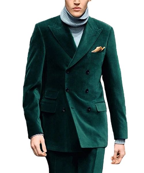 Abiti da uomo Blazer Rosso Verde Velluto Abiti da uomo Costume Homme Doppio petto Risvolto Smoking Slim Fit 2 pezzi Giacca da sposo Pantaloni Terno Masuclino 231215