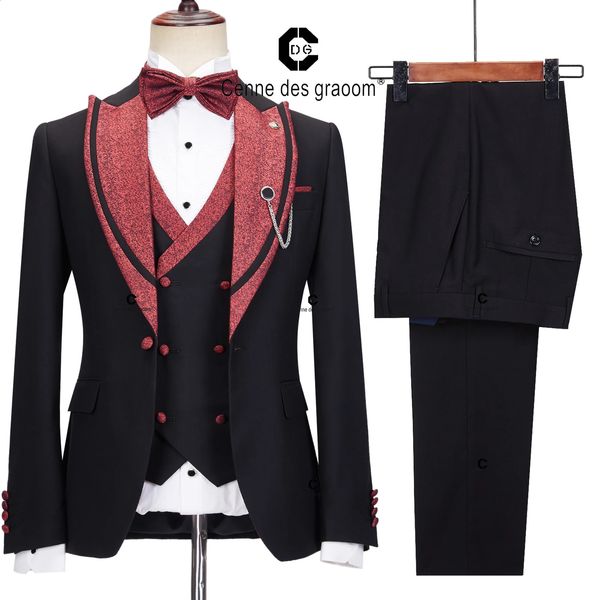 Herrenanzüge Blazer Cenne Des Graoom 2023 Elegant für Männer Schwarze und rote Smokingjacke Weste Hosen mit Fliege 4-teiliges Set Hochzeitskleid Bräutigam 231214