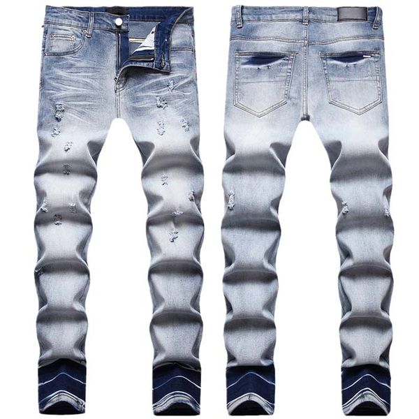 Designer para Mens Caminhadas Calça Rasgado Hip Hop High Street Marca Motocicleta Bordado Close Fitting Exército Moda Mans Calças Skinny Jeans