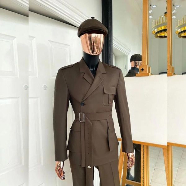 Erkek takım elbise resmi kahverengi blazer terno 2 parçalı ceket pantolon çift göğüslü çentikli yakalı lüks balo partisi smokin özelleştirilmiş fit