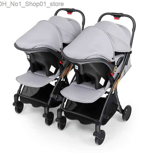 Carrinhos # Twins Carrinho de bebê com assentos de carro 0-3 anos bebê leve 3 em 1 quatro rodas absorção de choque dobrável para dois bebês Q231215