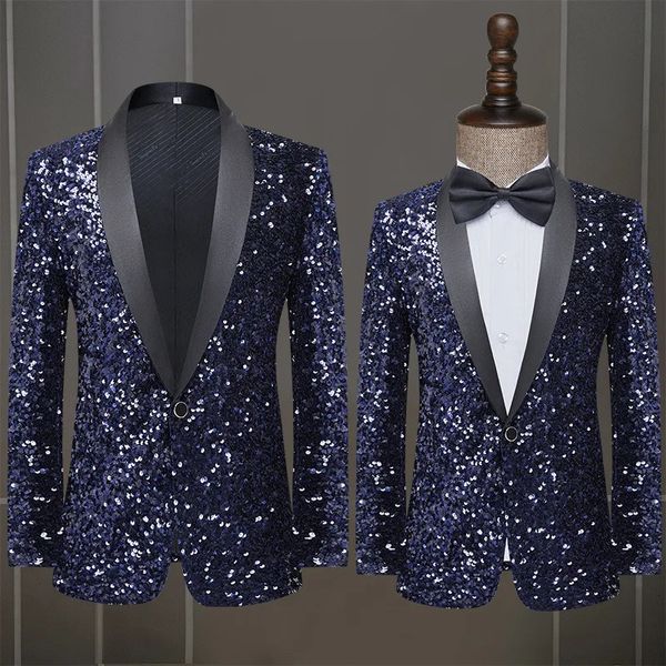 Abiti da uomo Blazer Abito con paillettes Abito per spettacoli teatrali Cantante ospite Cappotto blu scuro Giacca da uomo 231215