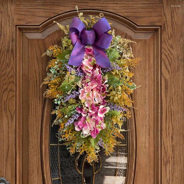 Flores decorativas falso hortênsia grinalda com fita bowknot fazenda parede pendurado porta decoração grande flor artificial guirlanda casa