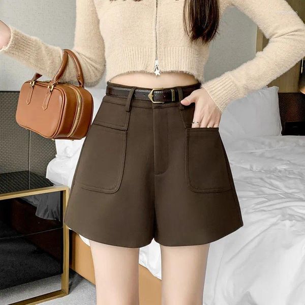 Женские брюки темпераментные шерстяные шорты кофейного цвета осень и зима с высокой талией тонкие трапециевидные широкие брюки маленькие мужские