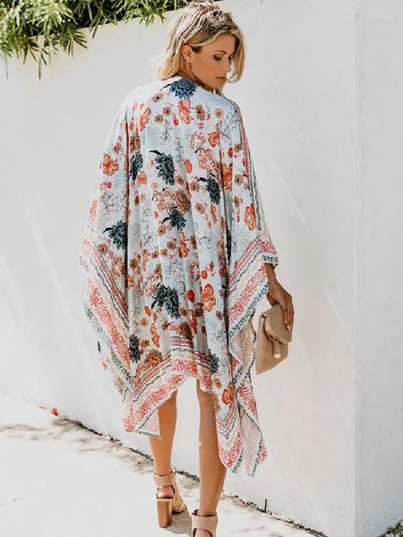 Roupa de banho feminina chiffon floral impressão biquíni túnicas de praia para longo kaftan cobrir robe de plage sarong maiô cover-up a206