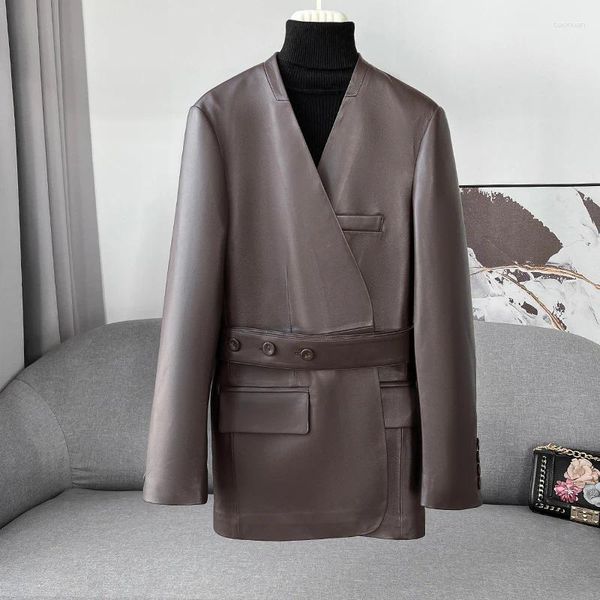 Couro feminino 2023 jaqueta real feminina high-end genuíno primavera pele de carneiro com decote em v casaco fino chaqueta f