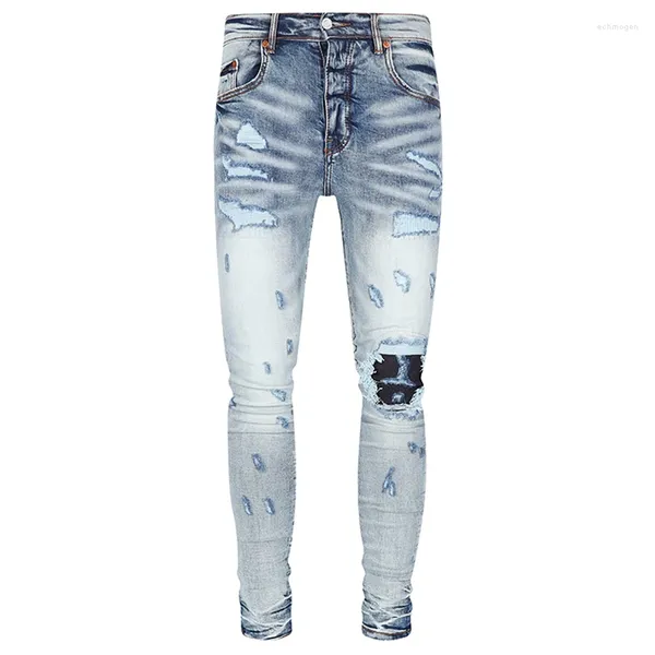 Calças de brim masculinas 2023 outono inverno moda marca roxa fazer velho rasgado retalhos magro denim calças high street diariamente calças casuais