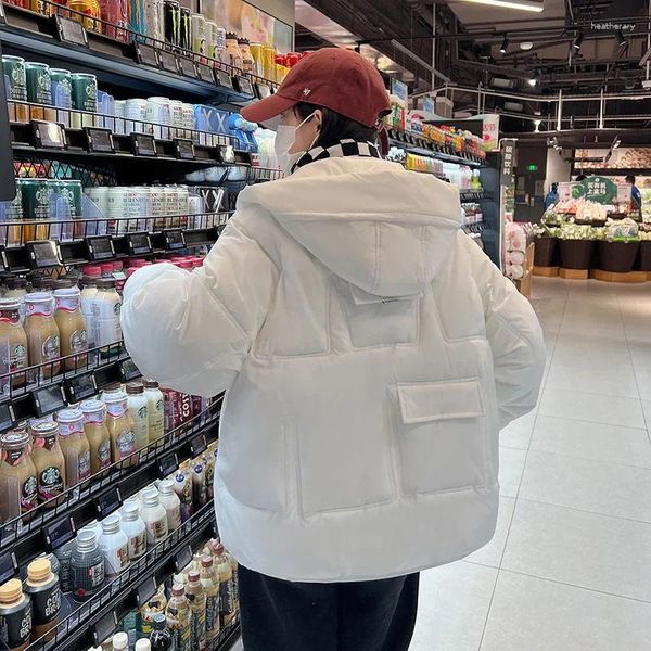 Casacos de trincheira femininos terno de algodão de grandes dimensões pão curto inverno moda solto fino com capuz pequeno casaco quente