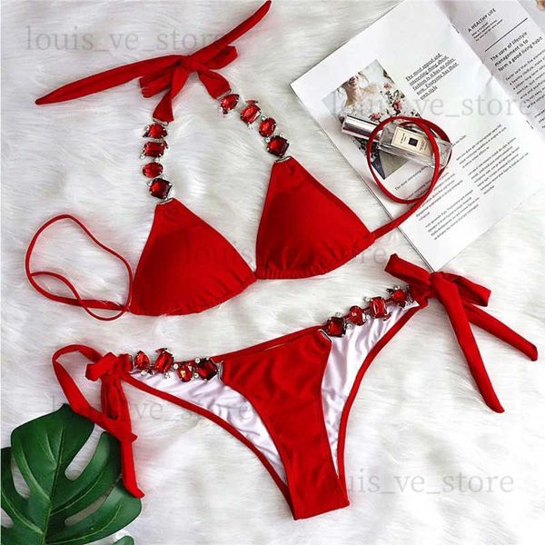 Mulheres Swimwear Vermelho Strass Sexy Biquinis 2023 Mulheres Swimwear Feminino Maiô Swim Wear Ternos de Banho Brasileiro Bikini Set Beach Pool Banhista T231215