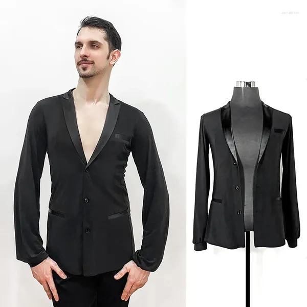 Сценическая одежда, мужская рубашка для латинских танцев, черные топы с длинными рукавами, одежда для танцев ча-ча, костюм для соревнований по бальному танго, VDB6851
