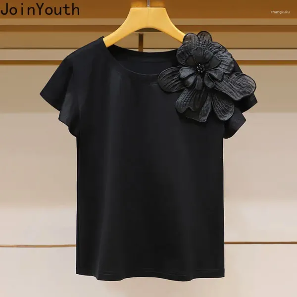 Mulheres Camisetas 2023 Ropa Mujer Moda Camisetas para Mulheres 3D Floral Solto Casual Tees O-pescoço Manga Curta Ruffles Doce Verão Camiseta Tops