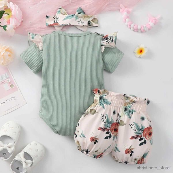 Set di abbigliamento Neonata Verde chiaro Camicia a maniche corte con maniche corte in pizzo con stampa floreale vestito R231215