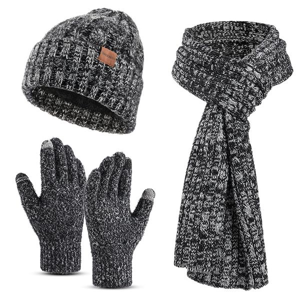 Dreiteiliges Designer-Set aus Mütze, Schal und Handschuh für Männer und Frauen im Herbst und Winter, warmes und plüschiges Strickmützen- und Schal-Set