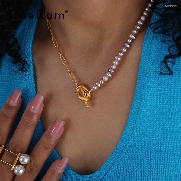 Correntes CeeRom Natural Pearl Link Chain Gargantilha Colar Mulheres Cor de Ouro Colares de Aço Inoxidável Amigos Presentes Moda Jóias Collier