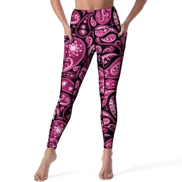 Женские леггинсы, розовые брюки для йоги с принтом пейсли, сексуальные винтажные леггинсы с цветочным принтом и высокой талией для фитнеса, быстросохнущие спортивные леггинсы