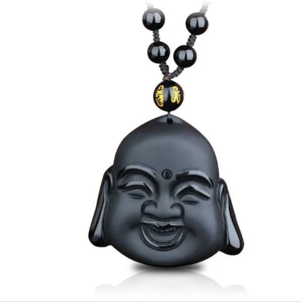 DJ Jewelry 100 % natürlicher schwarzer Obsidian, geschnitzter Maitreya-Buddha-Kopf-Anhänger, für Damen und Herren, Glücks-Amulett, Schmuck-Anhänger mit Be267x