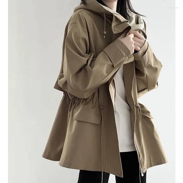 Kadın trençkotları İngiliz tarzı kadınlar haki kapüşonlu ceket vintage 2023 Sonbahar kısa ceketleri rahat gevşek üst ropa de mujer