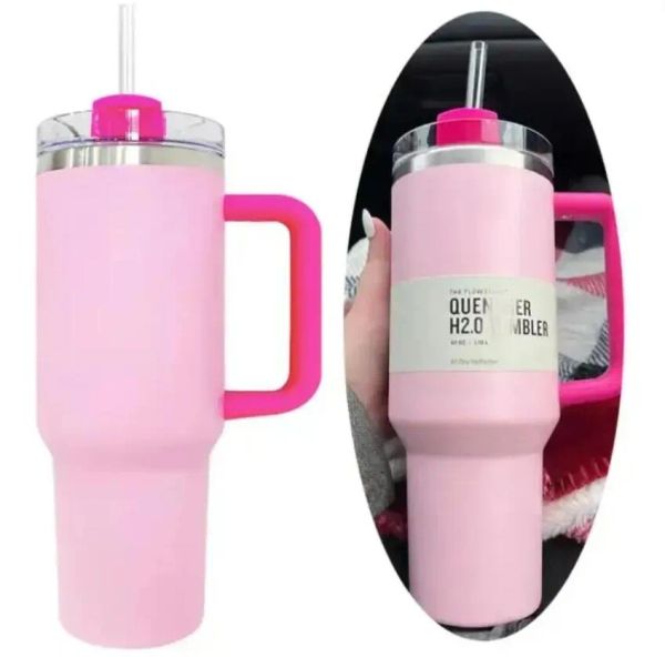 Pink Flamingo com tampa de alça e palha 1: 1 Faça garrafas de água 40 onças Quencher H2.0 Canecas de café de viagem Copos de acampamento Copos de aço inoxidável 1215