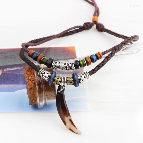 Anhänger Halsketten Hund Zahn Halskette Doppel Schichten Perlen Charme Leder Tribal Für Frauen Männer Ethnische Schmuck Geschenk