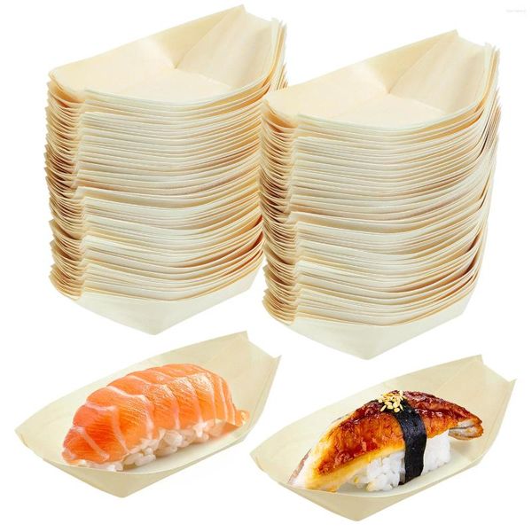 Set di stoviglie 100 pezzi Sushi Boat Dessert in legno Ciotola per snack Piatto usa e getta Vassoio per stoviglie