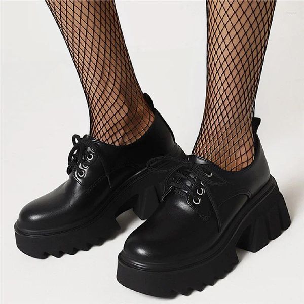 Scarpe eleganti Oxford gotiche per le donne Pelle PU Scarpe basse nere Piattaforma Tacchi grossi Décolleté Stringate Ragazze giapponesi 2023