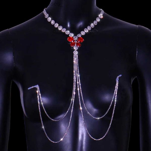 Altri accessori moda Strass di lusso Non penetranti Collana a catena con capezzoli a farfalla rossa per le donne Bo Gioielli in cristallo Bo petto sexy con catena BikiniL231215