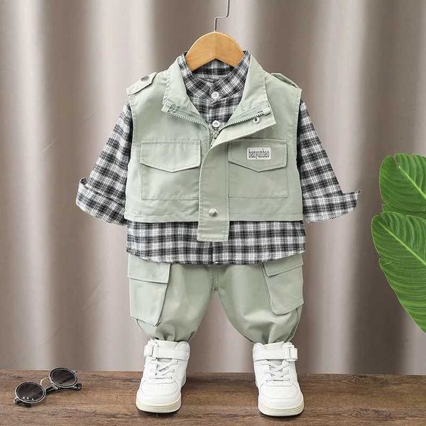 Conjuntos de roupas para bebês meninos, roupas de 9 a 12 meses, colete + camisas xadrez + calças, roupas infantis, meninos, conjunto de roupas infantis, agasalho de treino