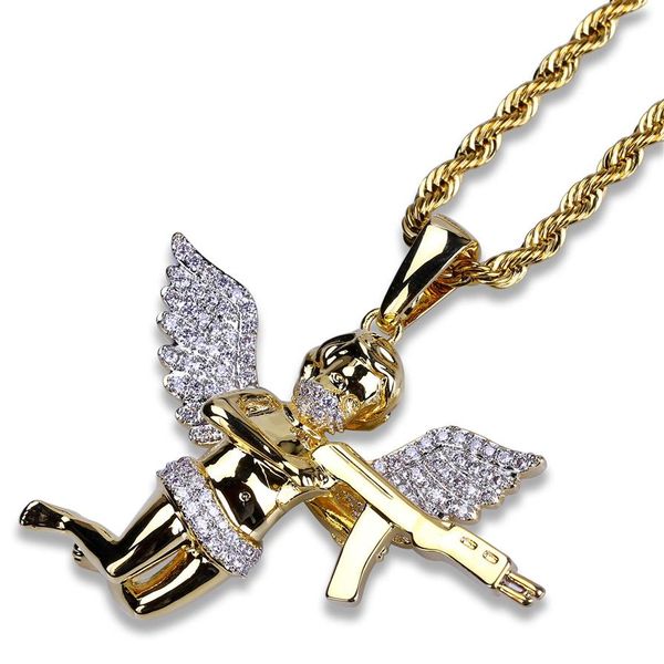 Collana con ciondolo a forma di ala d'angelo in pietra CZ con micro pavimentazioni ghiacciate in rame placcato oro argento Hip Hop per uomo donna250S