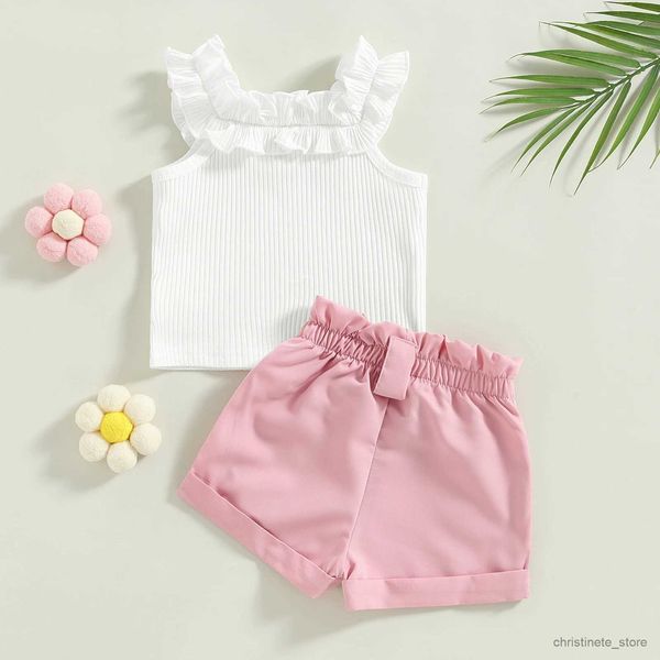 Conjuntos de roupas infantis para meninas, conjuntos de roupas de verão, branco, sem mangas, babados com nervuras + shorts de cor sólida R231215