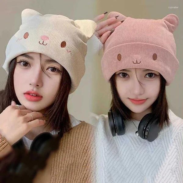 Berets bonito mulheres gorros coreano menina chapéu de malha outono inverno quente earmuffs boné cor sólida crânios dos desenhos animados lã crochê bonnet