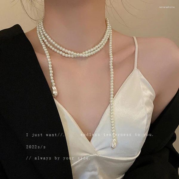 Ketten Retro Langer Abschnitt Perlenkette Korea Einfaches Temperament Design Schlüsselbeinkette Nettoroter Persönlichkeitsanhänger