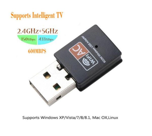 Adaptador USB sem fio Wi -Fi 600 MB SAC Acesso sem fio PC PC TENAS CARTA DE REDE BANDO DULO WIFI 5 GHZ LAN Ethernet Receiver7558316