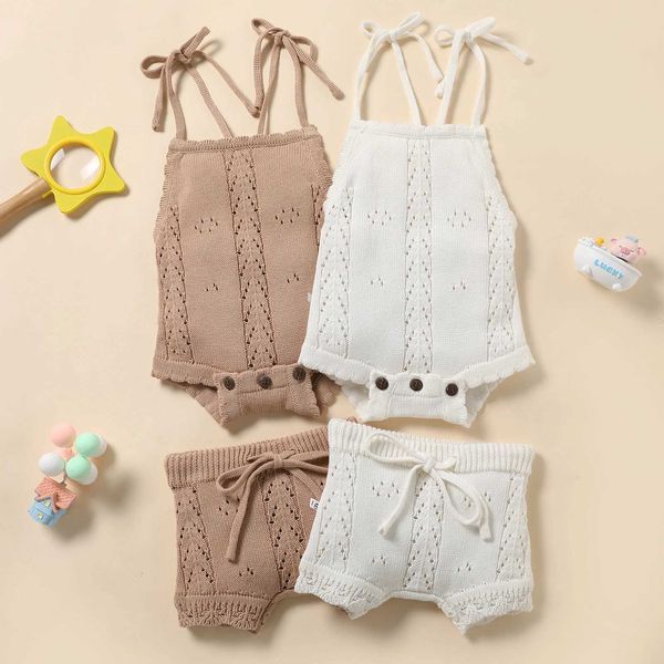 Set di abbigliamento Neonate Solid Lace-up Lavorato a maglia Backless Sling Pagliaccetti Ruffle Brim Shorts Beach Abiti estivi Completi