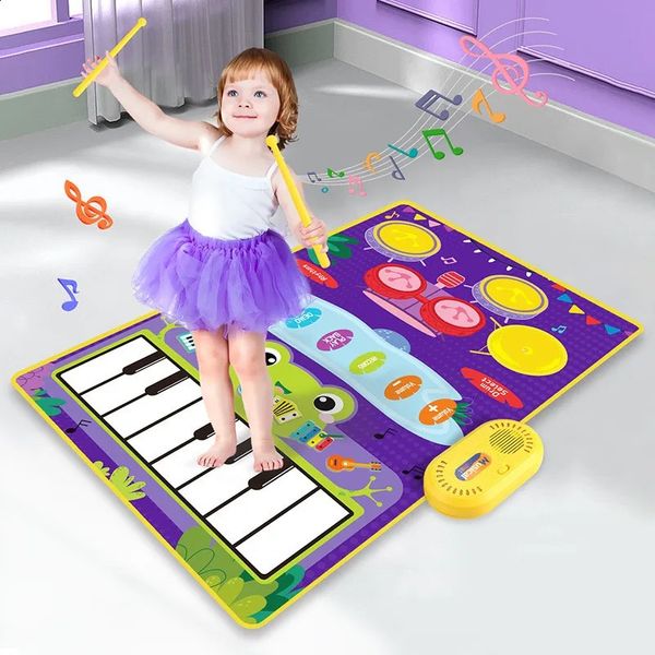 Клавиатуры Piano Baby Musical Piano Drum Play Mat 2 в 1 для детей ясельного возраста Напольная клавиатура Танцевальный коврик со звуками Детская игрушка Музыкальное одеяло 231214