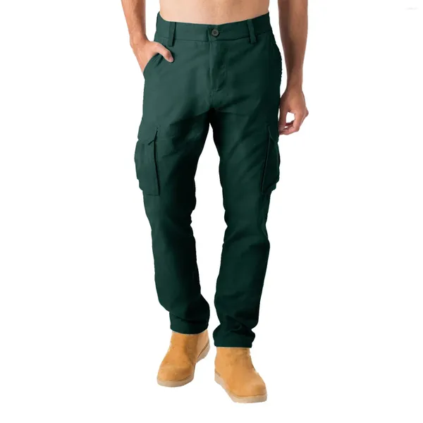 Calças masculinas jovens e masculinas cor sólida botão calça casual versátil moda com bolso tecido carga solta