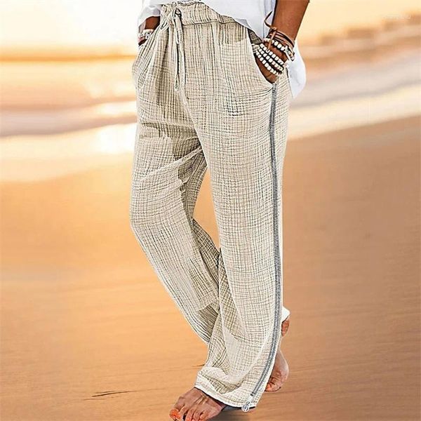 Pantaloni da uomo Vintage da uomo a pieghe in cotone e lino Casual con coulisse Zip laterale Elastico in vita Comfort Pantaloni da spiaggia traspiranti Dritti