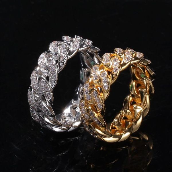 Anéis de joias masculinos, anel de ouro e prata, anel de diamante, gelado, corrente cubana, 8mm, tamanho misto 184z