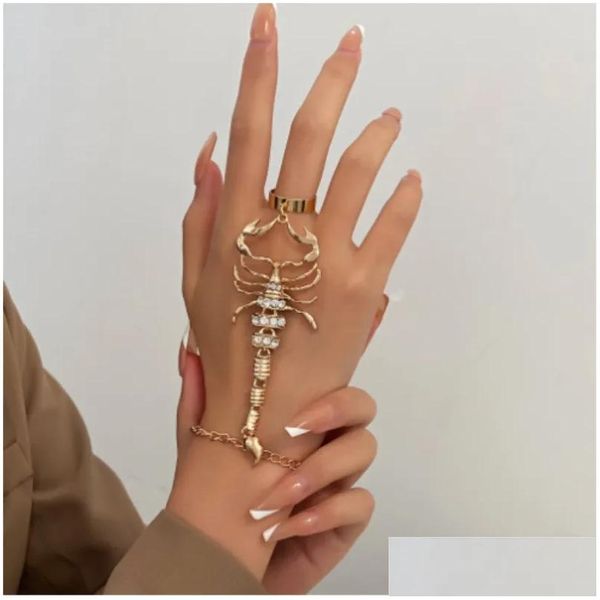 Charme pulseiras vintage punk escorpião borla cadeia anel pulseira conjuntos para mulheres homens gótico cristal conectado dedo jóias gota deli dhw35