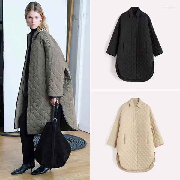 Trench da donna 2023 Autunno e Inverno Donna Cappotto lungo trapuntato a forma di bozzolo monopetto trapuntato con diamanti in cotone lungo