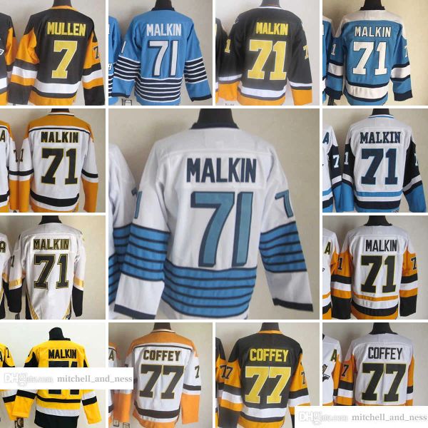CUSTOM 1967-1999 Movie Retro CCM Hockey Jersey Stickerei 71 Evgeni Malkin 77 Paul Coffey 7 Joe Mullen Vintage Jerseys Weiß Schwarz Gelb Bl