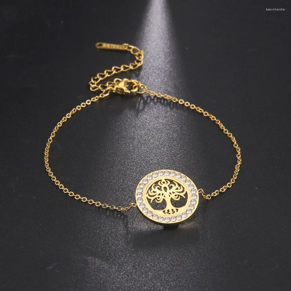 Braccialetti a maglie Albero della vita Bracciale con ciondoli in acciaio inossidabile Zircone color oro Amuleto Regali di fidanzamento Gioielli per le donne