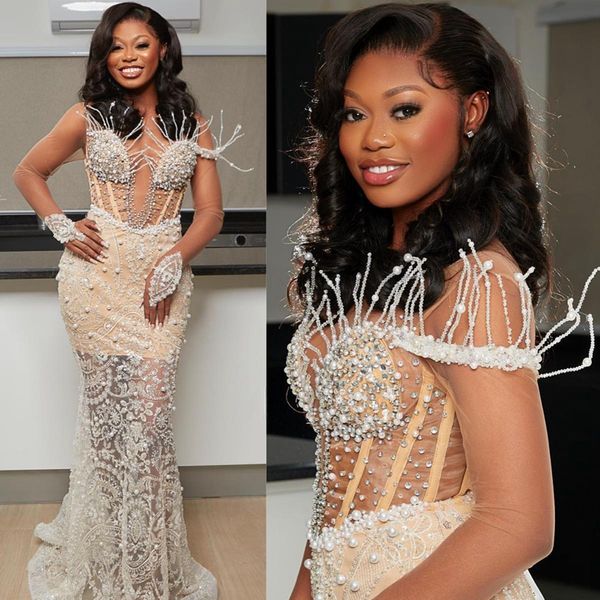 Illusion ASO EBI Prom Kleider Mermaid Spitzenperlen Abendkleid für besondere Anlässe Geburtstagsfeier Afrikanische Arabische Nigeria Styles Kleider Gala Fulllace -Kleider St643