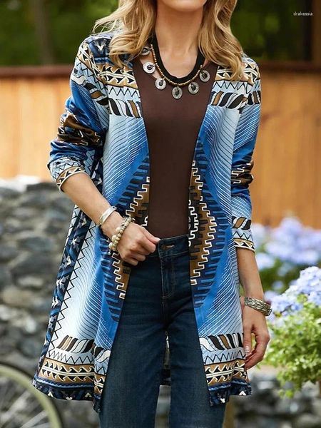 Trench da donna Cappotto vintage Cardigan Giacche Autunno Inverno Stampa geometrica Tunica a maniche lunghe Top Capispalla allentato Streetwear Donna